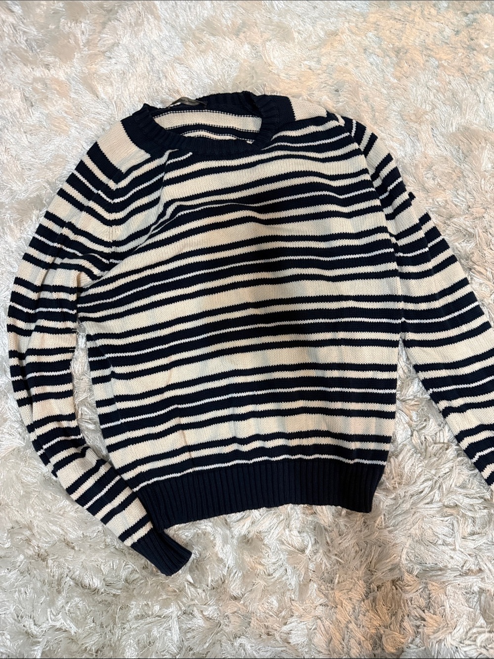 Brandy Melville Navy and Cream Striped Crewneck Sweater